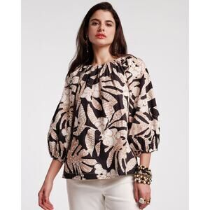 Frances Valentine Bliss Top Black Brown Floral Print Puff Sleeve Oversized Small